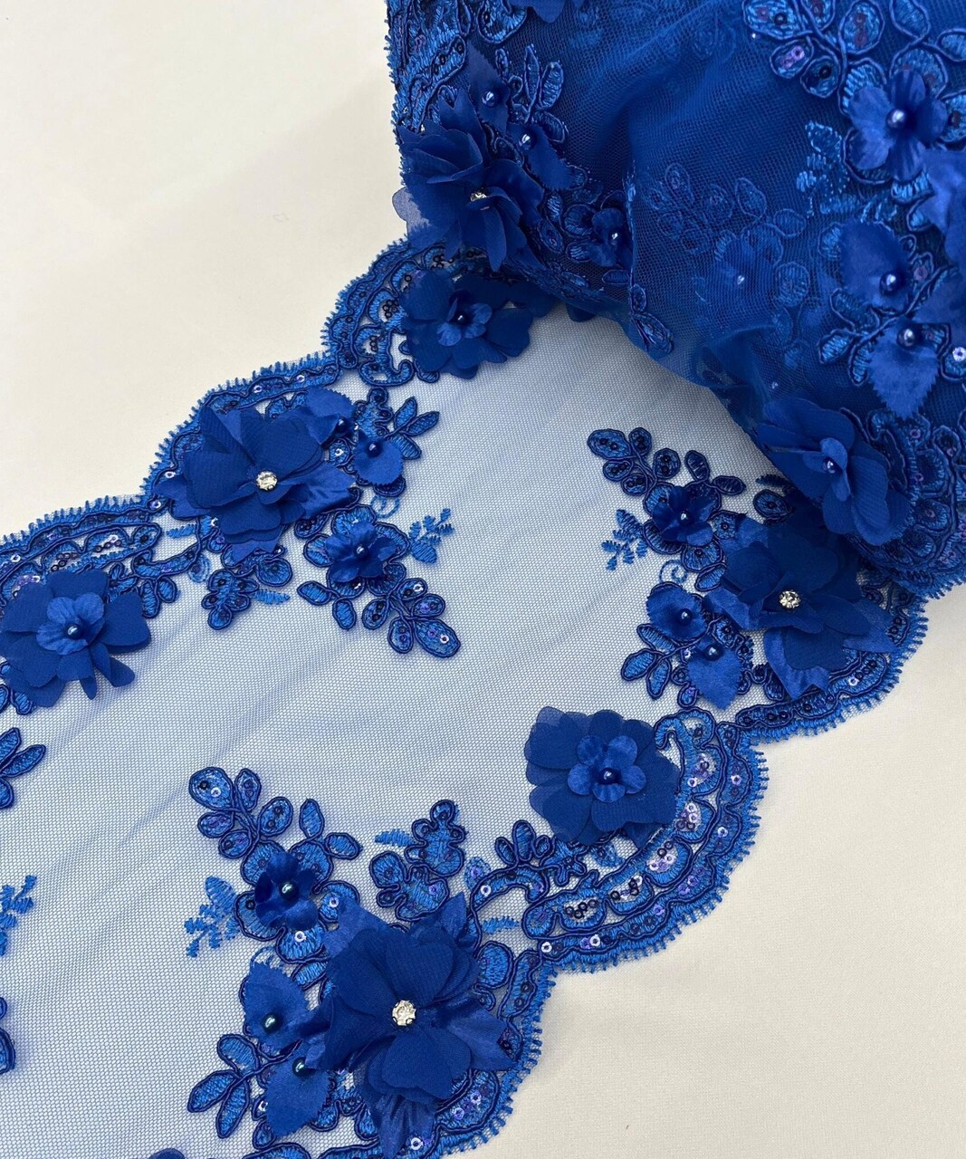 Royal Blue 3D Wide Floral Sequin & Mesh with Pearls Lace Trim for Table Runner 22"